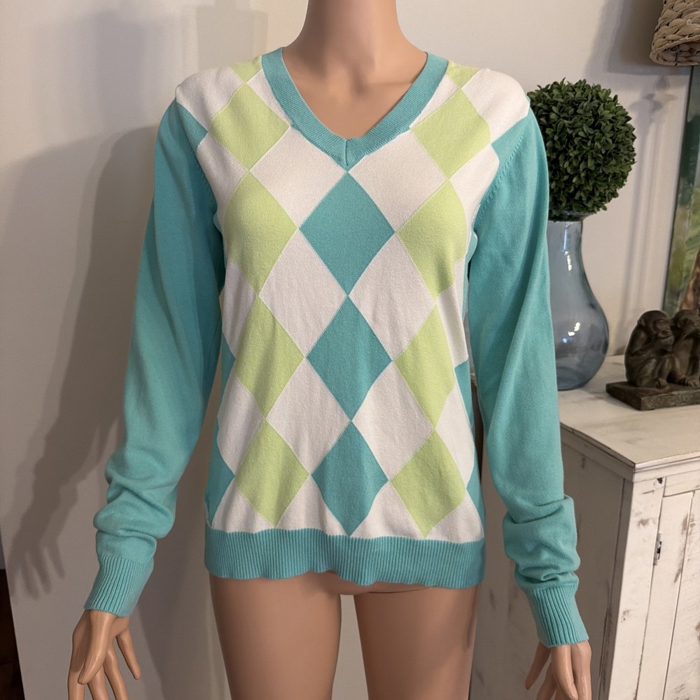 Lilly Pulitzer Argyle V-Neck Sweater M Cotton/Nylon/Spandex Preppy Schoolgirl